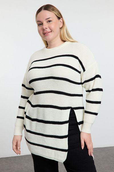 Trendyol Curve Ecru Striped Slit Long Knitwear Sweater Tbbaw25An00058