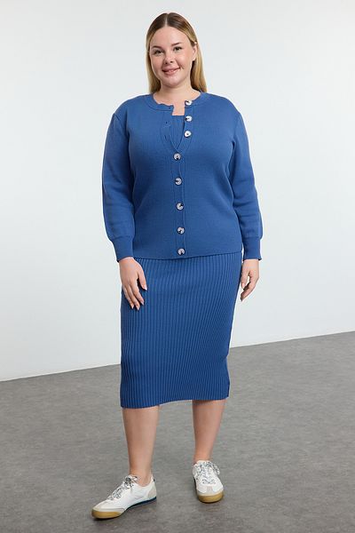 Trendyol Curve Σετ πλεκτών 2 τεμαχίων Indigo Midi - Ζακέτα με ραβδώσεις και φόρεμα TBBAW25AH00110