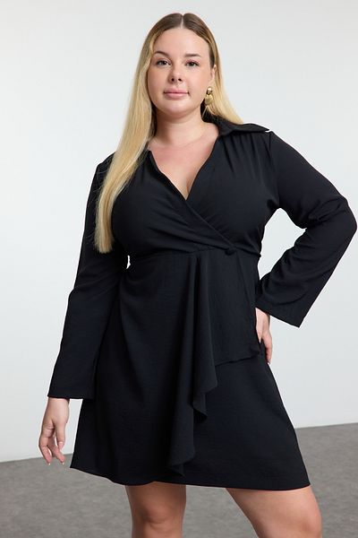 Trendyol Curve Plus Size Black Stretchy A-Cut Dress - Double Breasted Coverage and Guiped Back Tbbaw25Ah00094