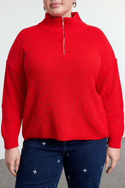 Trendyol Curve Red Zip Collar Knitwear Sweater Tbbaw25An00026