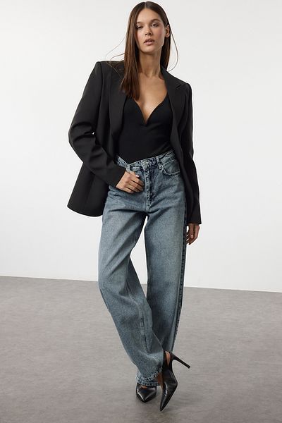 Trendyol Collection Blugi largi cu barrel albastru deschis cu talie înaltă TWOAW25JE00130