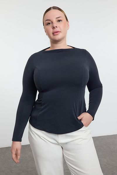 Trendyol Curve Plus Size Anthracite Ribbed Knitted Blouse - Stand Collar Tbbaw25Af00043