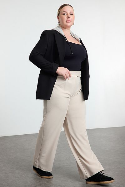 Trendyol Curve Plus Size Velcro Pleated Pants - Stone Belt, Wide Leg Knitted Tbbss24Ar00035