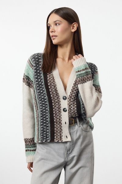 Trendyol Collection Ecru Wide Fit Soft Textured Patterned V-Neck Knitwear Cardigan Twoaw25Hi00382