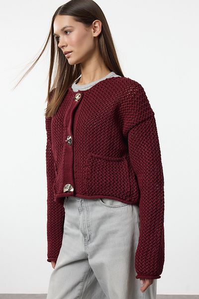 Trendyol Collection Claret Red Button Detailed Textured Knitwear Cardigan Twoaw25Hi00381