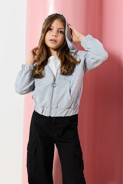 TRENDYOLKIDS Unisex γκρι πλεκτή ζακέτα με κουκούλα - με φερμουάρ TKDAW25HI00001