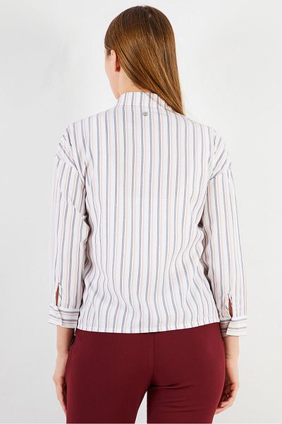 IKKS Women Spread Collar Long Sleeves Stripe Print Top, White Combo