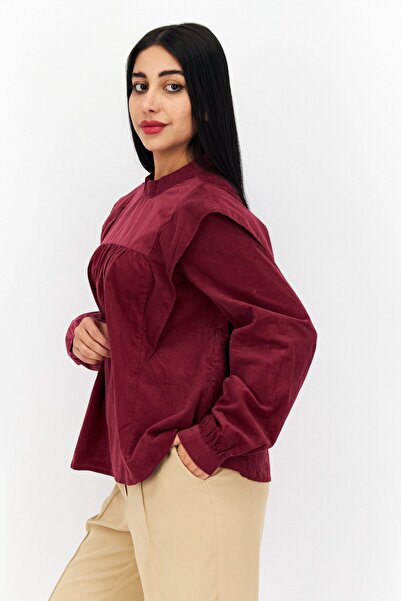 s.Oliver Women Mock Neck Long Sleeve Corduroy Blouse, Maroon