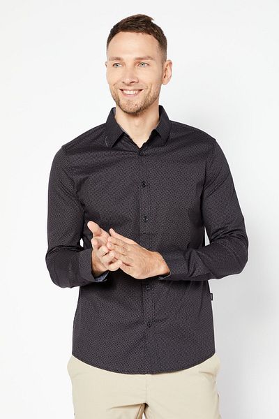 Dkny Men Regular Fit Allover Print Long Sleeve Casual Shirt, Black