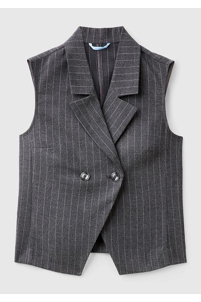 United Colors of Benetton Women's Anthracite Viscous Blended Buttoned Striped Pointed Neck Double Breasted Vest