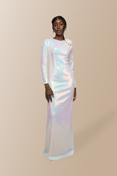 Elif Naz Moda Evi beyaz  güllü janjanlı payet elbise