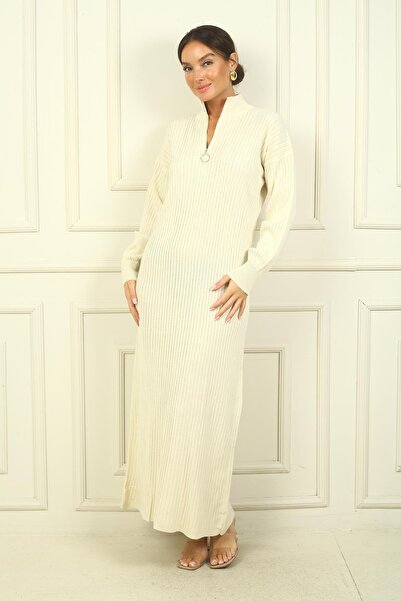 By Saygı Yuvarlak Yaka Yakası Fermuarlı Uzun Kol Triko Elbise