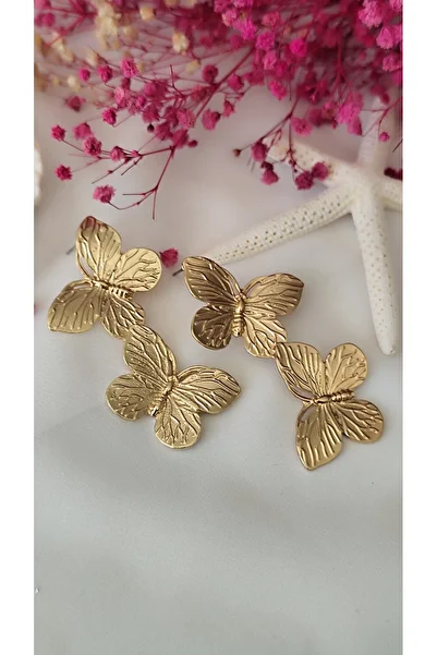 İPAR AKSESUAR Double Big Butterfly Metal Gold Earring