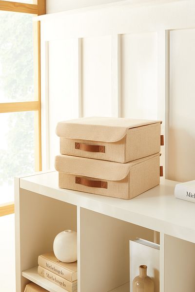 Ocean Home Textile 2 Pcs Jute Linen Lid Cabinet Drawer Inside Jewelry Laundry Folding Storage Box Organizer 30X23X11