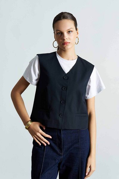 Merve DAĞLI Cıntyha Short Navy Blue Vest - Buttoned