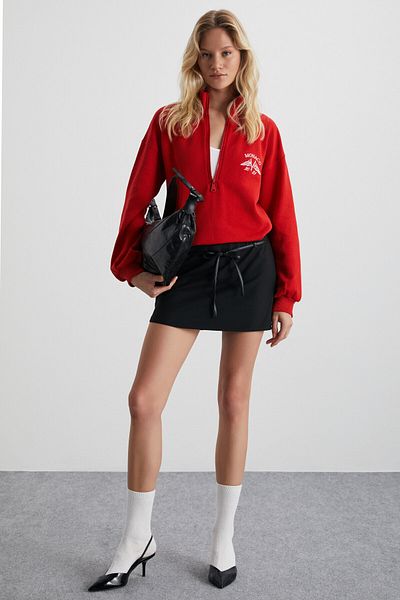GRIMELANGE Meybelına Women's Organic Cotton Bone Zippered Stand Collar Printed Red Sweatshirt