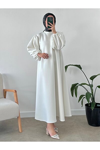 CHUL SCUBA KEMERLİ SÜMBÜL ELBİSE -BEYAZ - GENİŞ BEDEN ARALIĞI