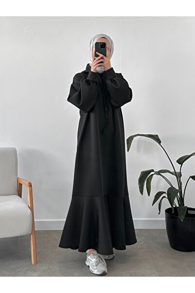 CHUL SCUBA VOLANLI SWEAT ELBİSE - SİYAH - GENİŞ BEDEN ARALIĞI