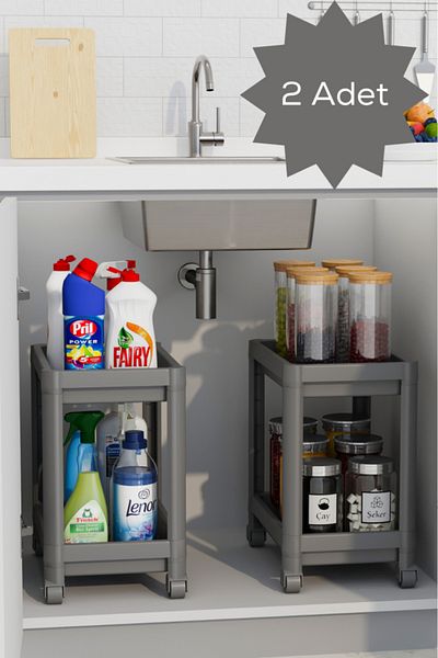 Heredot Mithra Life 2 Pcs 2 Tier Rolling under Counter Gray Bathroom Kitchen Shelf Mit1124