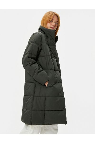 Koton Long Puffer Jacket Stand Collar Pockets Zippered