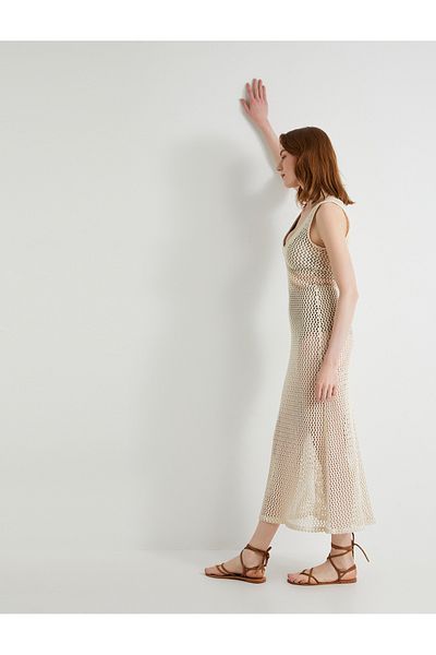 Koton V-Neck Thick Strap Openwork Midi Dress