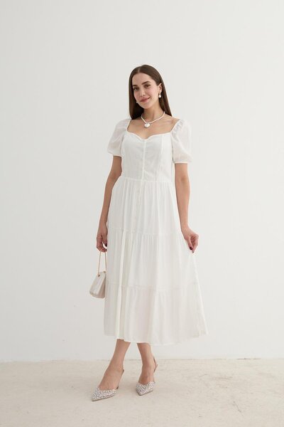 studiofashion White Midi Dress - Women'S, Short Sleeve and Button Detail