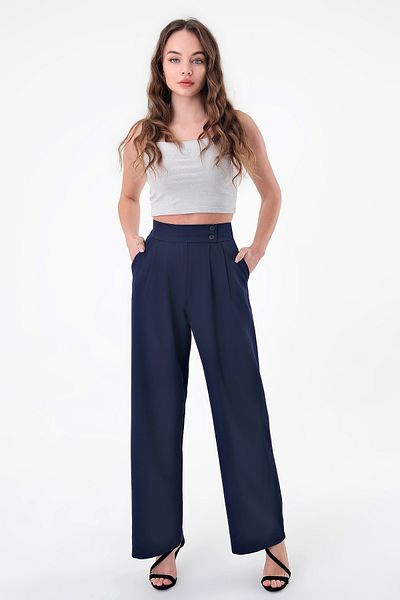 polle Women's Navy Blue Double Button Palazzo Trousers