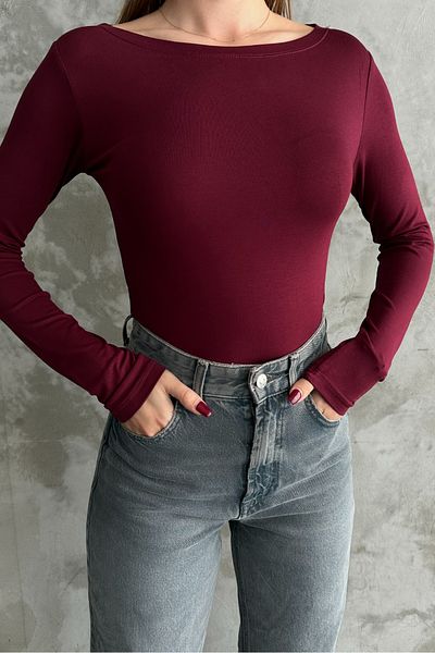 macharel jeans Claret Red Boat Neck Basic μακρυμάνικο κορμάκι