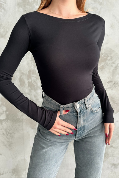 macharel jeans Black Boat Neck Basic Long Sleeve Bodysuit
