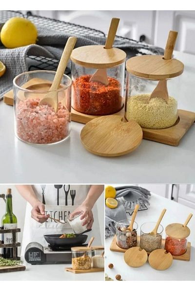 MİEN 3-Piece Glass Spice Rack with Round Bamboo Lid