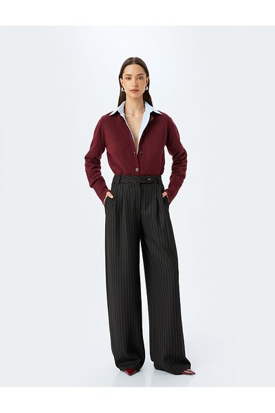 Koton X Melis Ağazat - Wide Leg Striped Fabric Trousers with Pockets and Pleat Detail