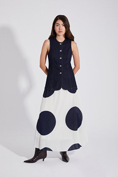 ONE8 Kapalı Yaka Önü Düğmeli Denim Kot Uzun Yelek