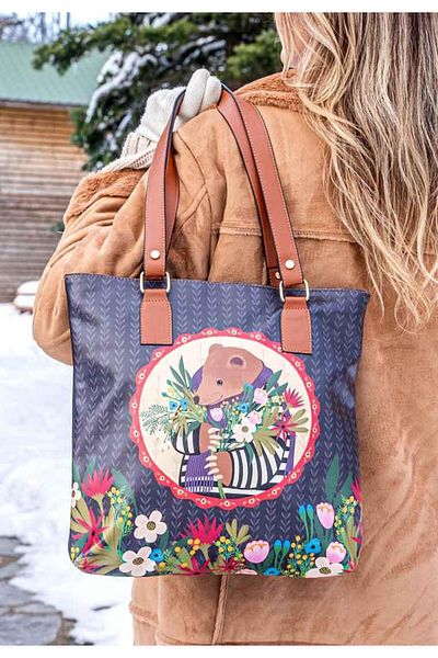 Dogo Geantă de umăr din piele vegană pentru femei, albastru bleumarin - design cu urs și flori