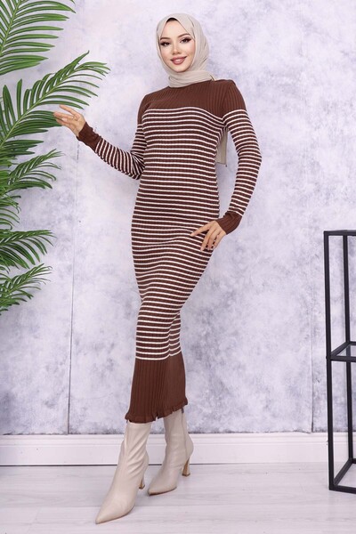 benguen 6104 Model Brown Striped Turtleneck Dress