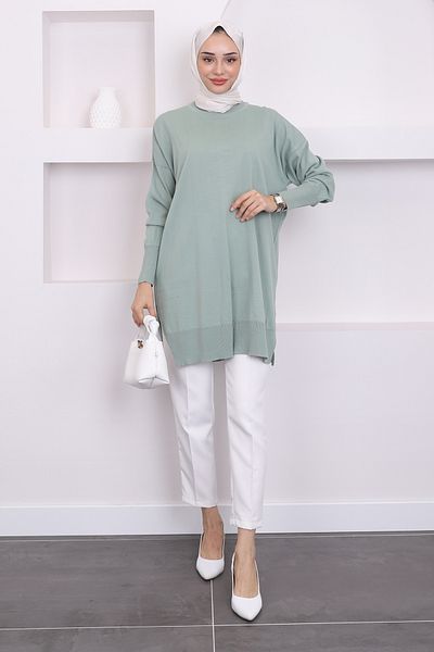 İmajButik Mint Crew Neck Mercerized Loose Knitwear Tunic