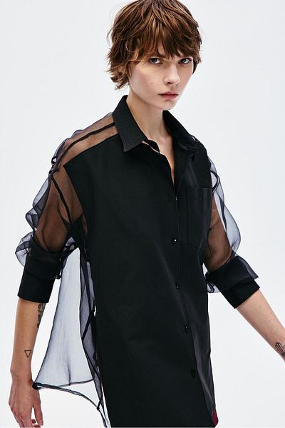 Yake Cămașă oversize din popelin cu garnitură din organza