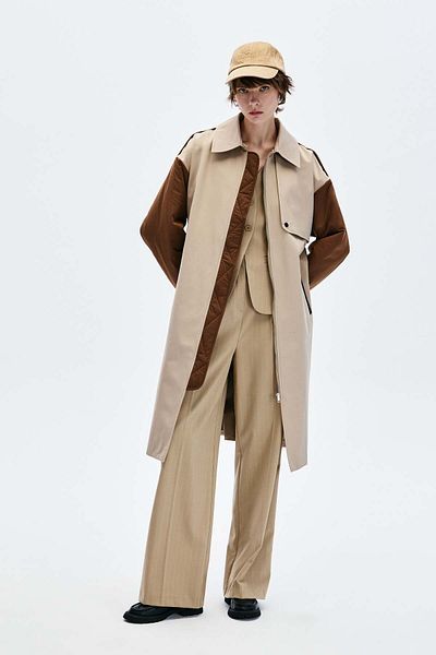 Yake Two-Color Zip-Up Trench Coat with Belted Waist