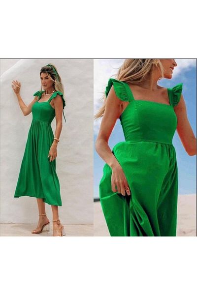 COTTONLAB Γυναικείο φόρεμα μίντι μήκους από ύφασμα ποπλίνα με τετράγωνο λαιμό με λουράκι