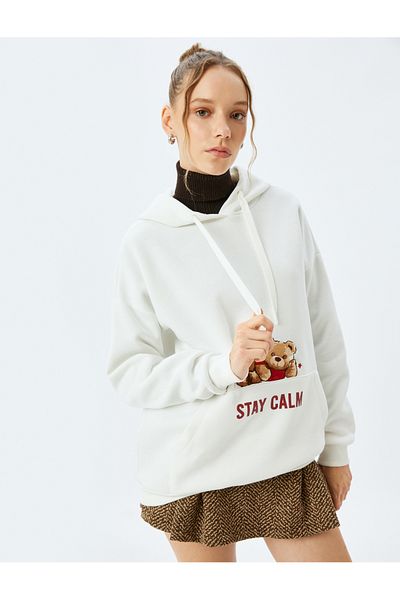 Koton Slogan Printed Hooded Kangaroo Pocket Oversize Sweatshirt