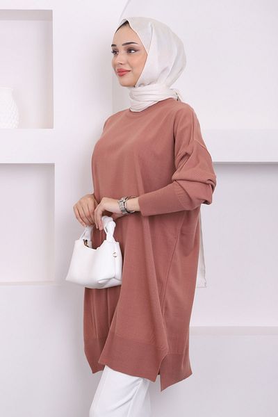 İmajButik Dusty Rose Crew Neck Mercerized Casual Knitwear Tunic