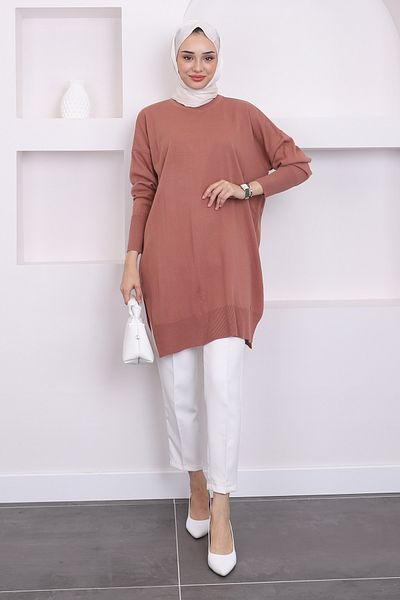 İmajButik Dusty Rose Crew Neck Mercerized Casual Knitwear Tunic