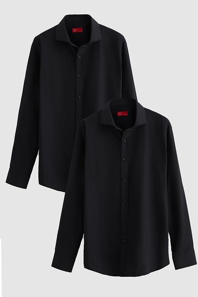 D'S Damat Πουκάμισο Ds Damat Slim Fit Μαύρο ιταλικό πέτο Easy-Iron 2 τεμαχίων