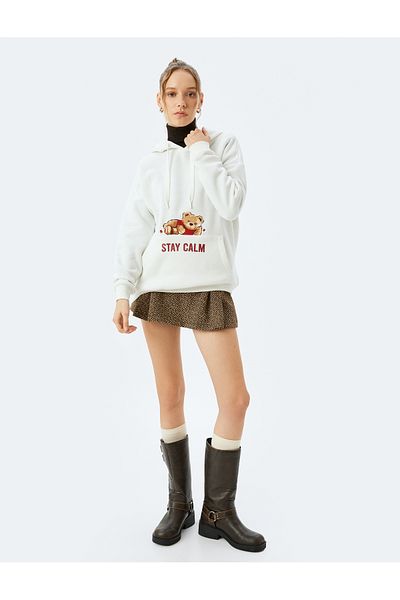 Koton Slogan Printed Hooded Kangaroo Pocket Oversize Sweatshirt