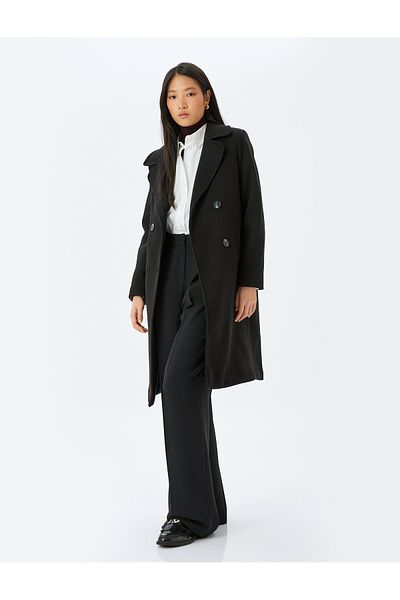 Koton Double Breasted Long Stamp Coat with Pockets and Buttons