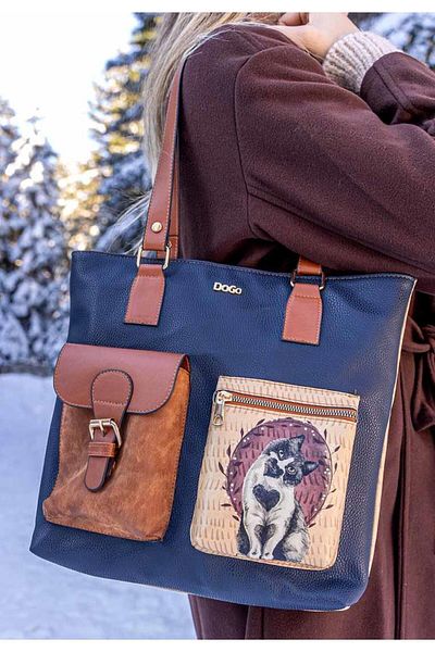 Dogo Geantă de umăr din piele vegană de damă bleumarin - Heart Cat Design
