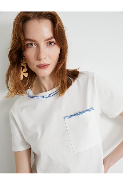 Koton Cotton Short Sleeve T-shirt - Crew Neck, Pocket and Embroidered