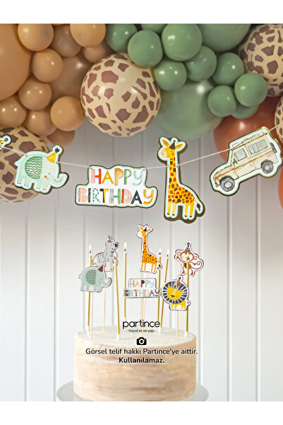 partince 3'lü Set Happy Birthday Safari Tema Pasta Süsü Banner Ve 6'lı Uzun G...