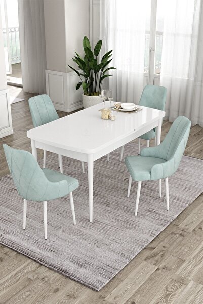 Canisa Ram Serisi 80x132 Açılabilir Mutfak Masası Takımı Beyaz Masa 4 Su Yeşili Sandalye