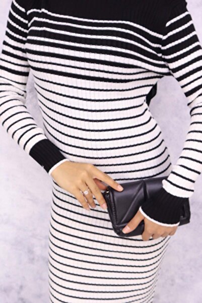 benguen 6143 Model Turtleneck Black Striped Knitwear Dress