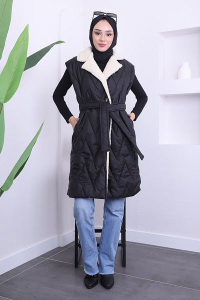 İmajButik Black Collar Sheepskin Waist Belted Inflatable Vest